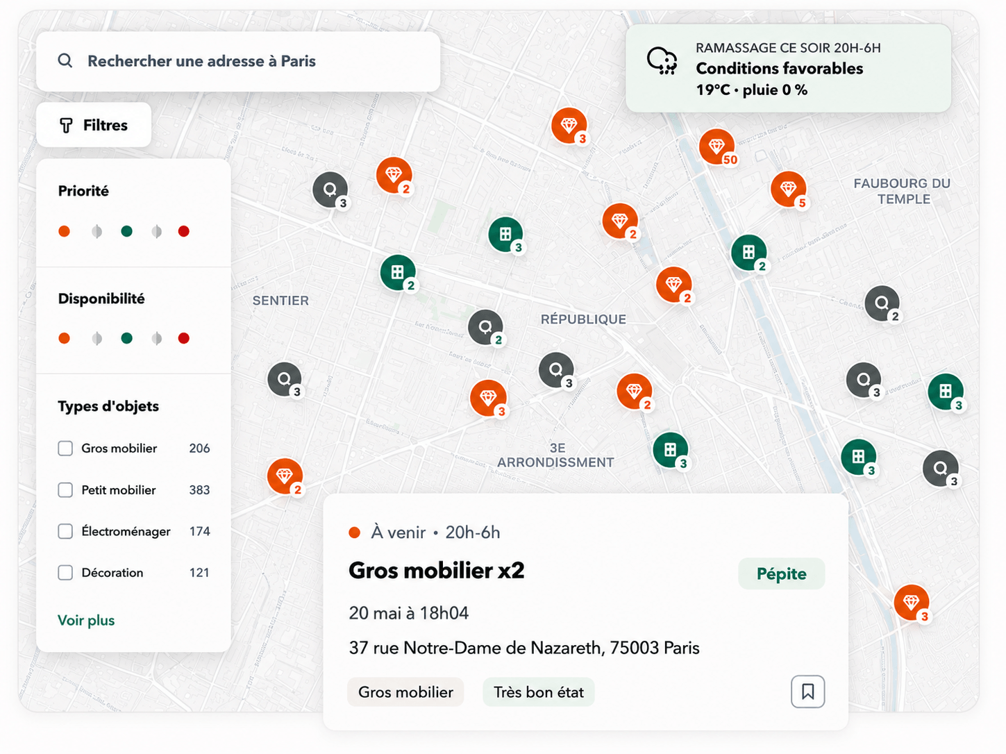 Aperçu de la carte des encombrants avec filtres, prévision et fiche pépite