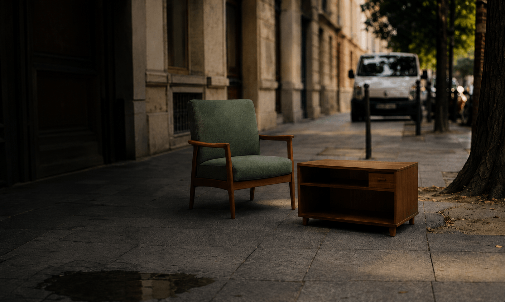Fauteuil et meuble récupérables sur un trottoir parisien
